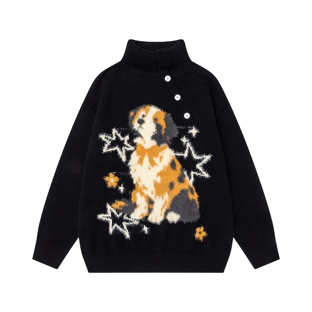【YITAIシリーズ】★セーター★ 2color ニットトップス ユニセックス メンズ ハイネック 犬 犬柄 可愛い 動物柄