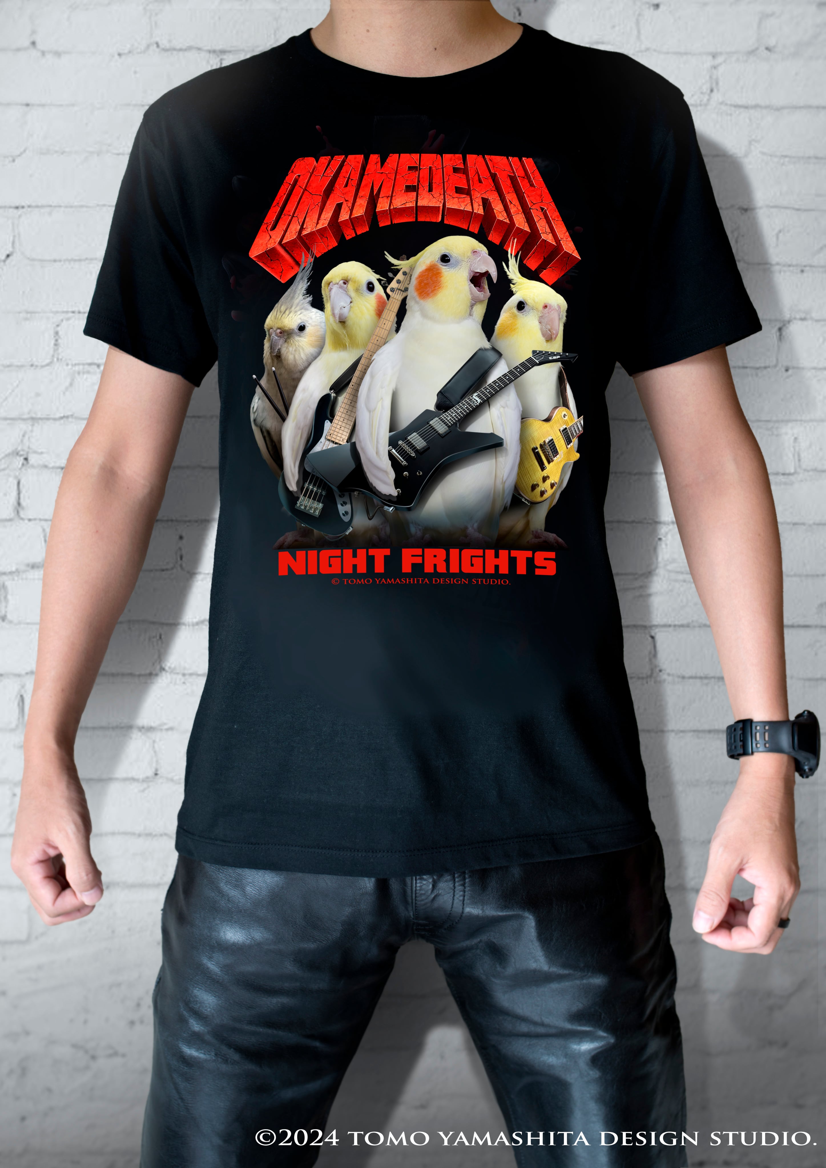OKAMEDEATH オカメデス オカメインコ メタルバンドTシャツ ブラック