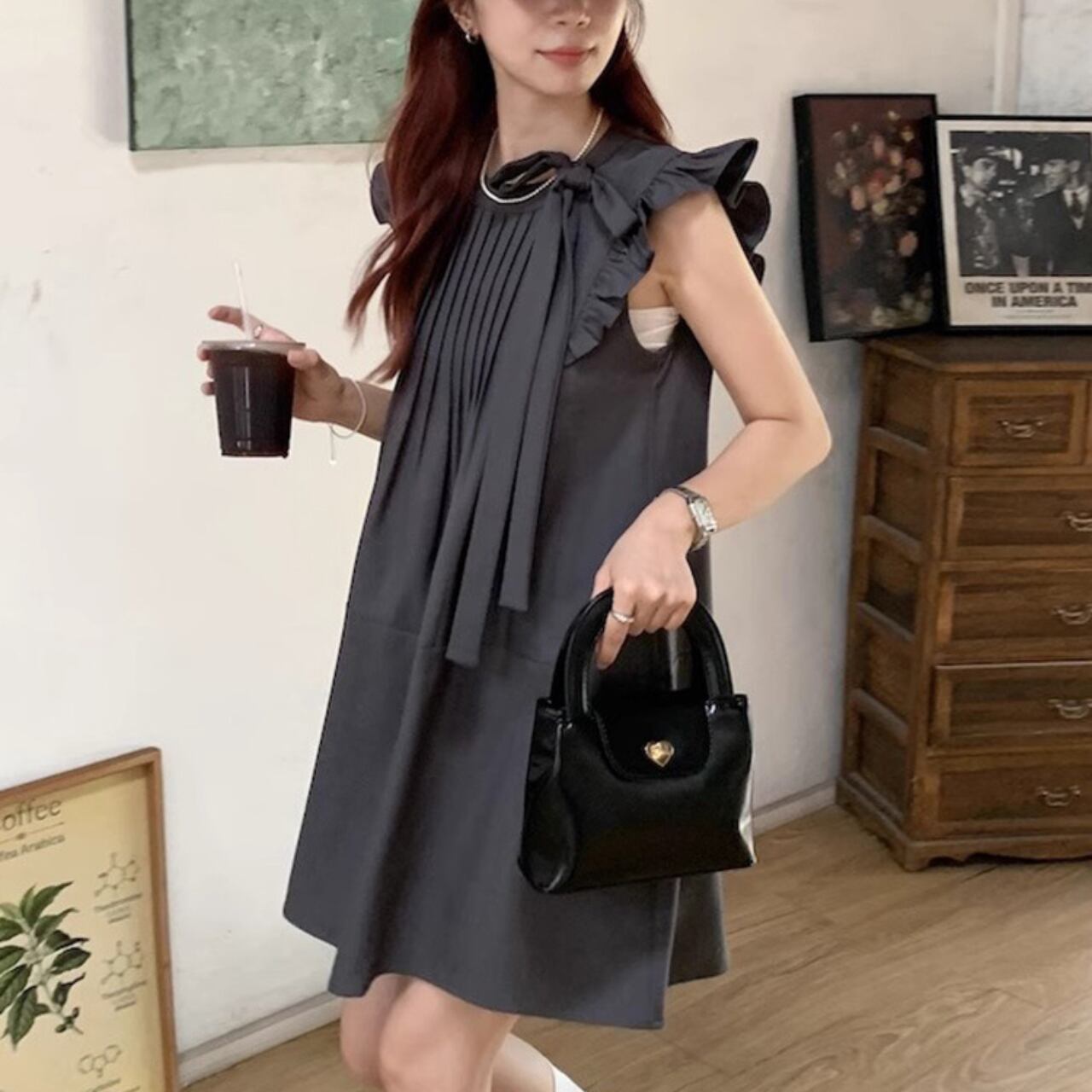 タイリボン ラッフルスリーブ ミニワンピース A4251