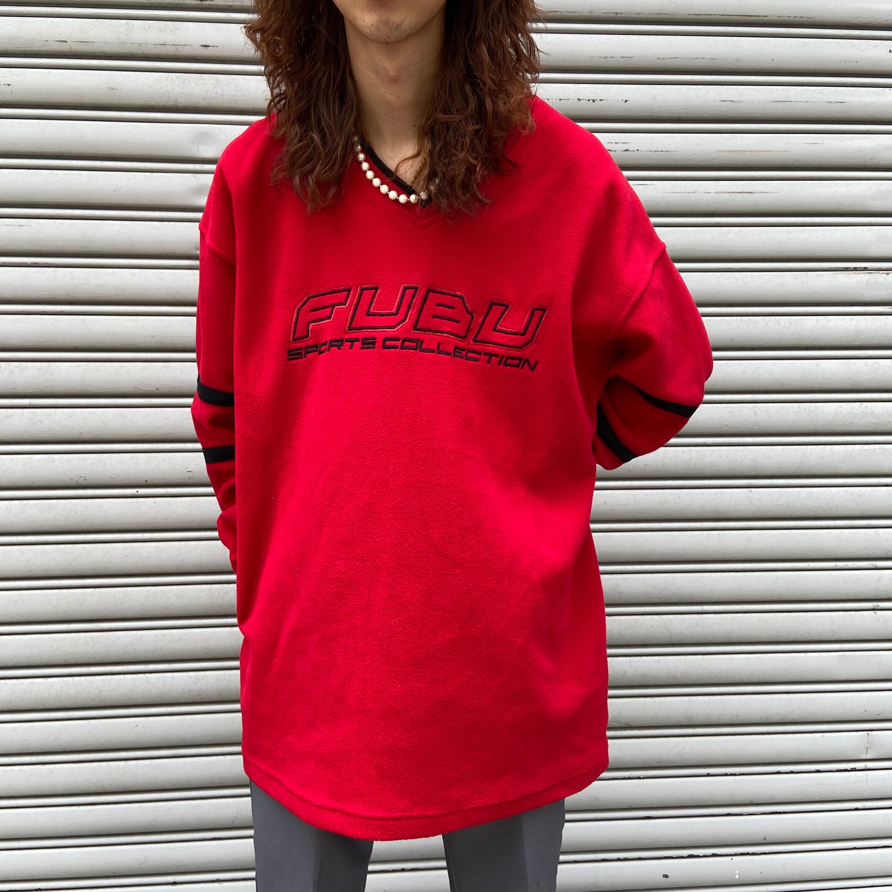 送料無料』90s FUBU Vネックフリーススウェット 赤 L ブランド刺繍ロゴ