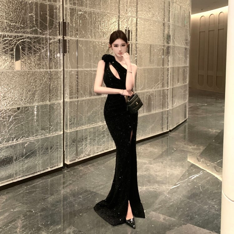 ロングドレス キャバドレス セクシー 上品 スパンコール アシンメトリーネック 立体フラワー スリット入り パーティー JC2-YKE437-2660