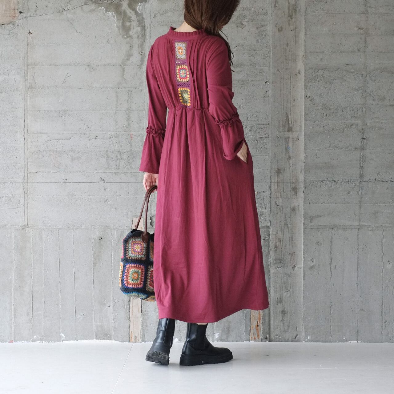 【再販】フラワークロシェ長袖ワンピース(20w-014)ボルドー