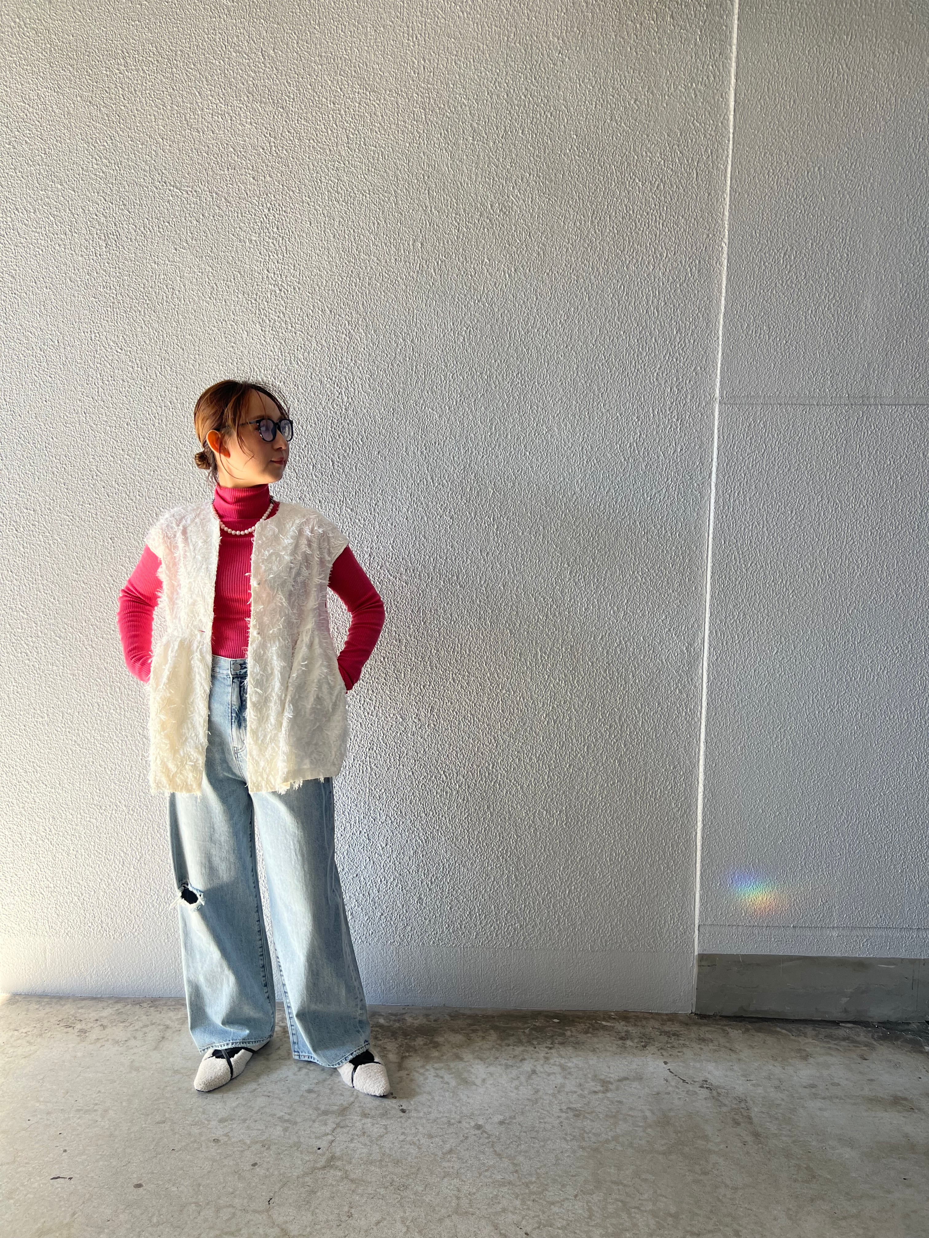 【PASSIONE】パールボタンシャギーフリンジジレ　516929