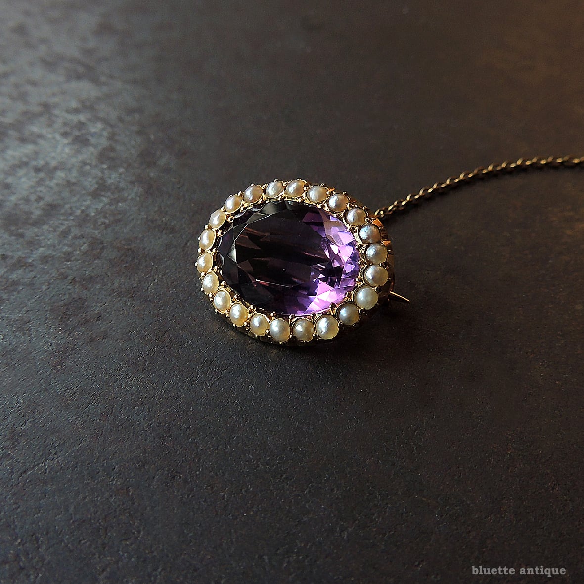 英国アンティークジュエリー 15ctゴールド 天然アメシスト 真珠 レース