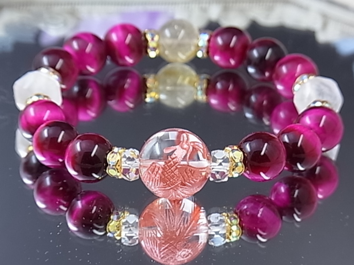 叶石【 良い縁の導き、夢、恋愛のお守り 】 ルビー ゴールドルチル ブレスレット レディース ・天然石 パワーストーン 8mm ・（ 朱雀水晶  恋の神様ブレス ローズクォーツ ピンクタイガーアイ ルチル 恋愛運 金運 パワーストーン 天然石ブレスレットI12 | ねこの夢 ...
