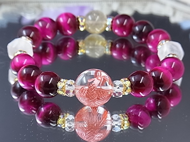 朱雀水晶 恋の神様ブレス ローズクォーツ ピンクタイガーアイ ルチル 恋愛運 金運 パワーストーン 天然石ブレスレットI12