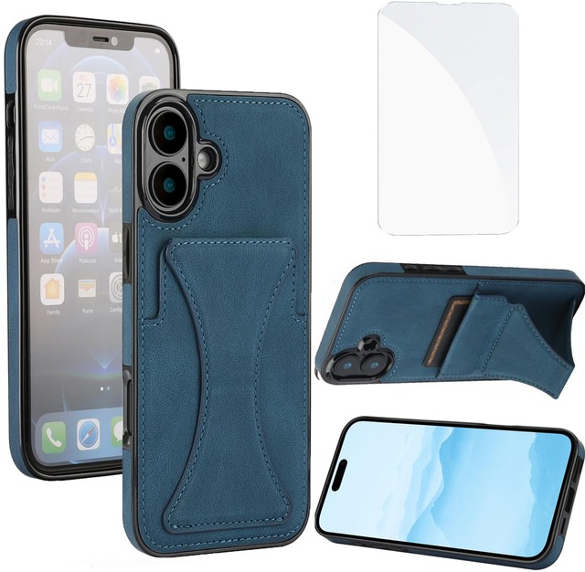 JSCOMYAP iPhone 16 ケース用 いphone16 ケース + iPhone16 强化 ガラス フィルム PUレザーカード収納横置きスタンド機能付き 携帯ケース 人気 衝撃吸収 スマホケース Case Cover iP16 アイフォン16 i phone16 いpほね16 アイフォン 16 背面 カバー レディース 6.1インチ（青 ブルー）