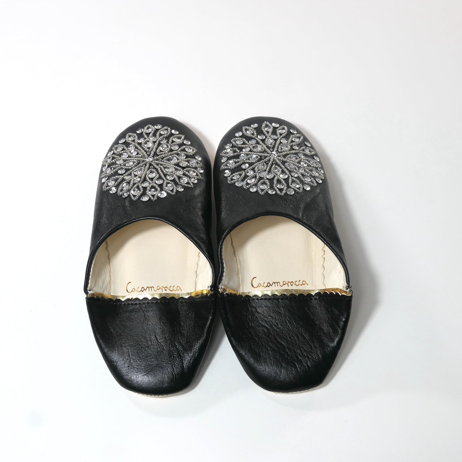 ブラック（シルバースパンコール）レザー バブーシュ スリッパ