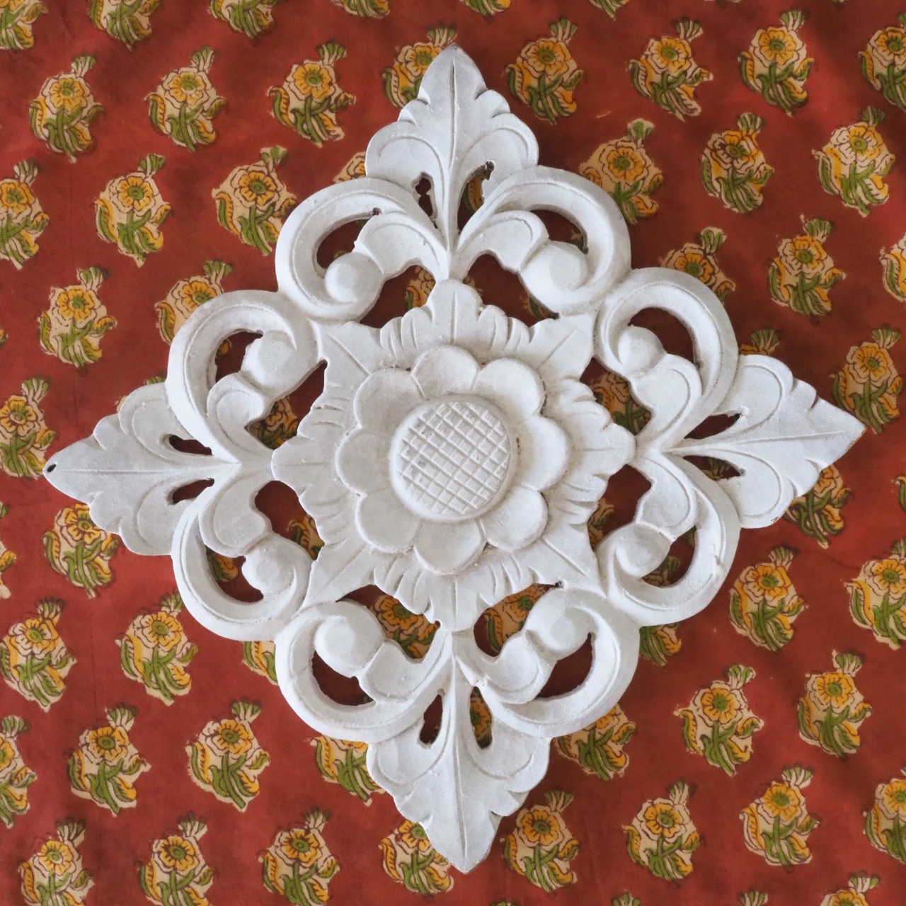 ブロックプリント生地【50cm単位】インド綿 小花柄 赤茶×黄色×黄緑×クリーム色 #40281-BR4