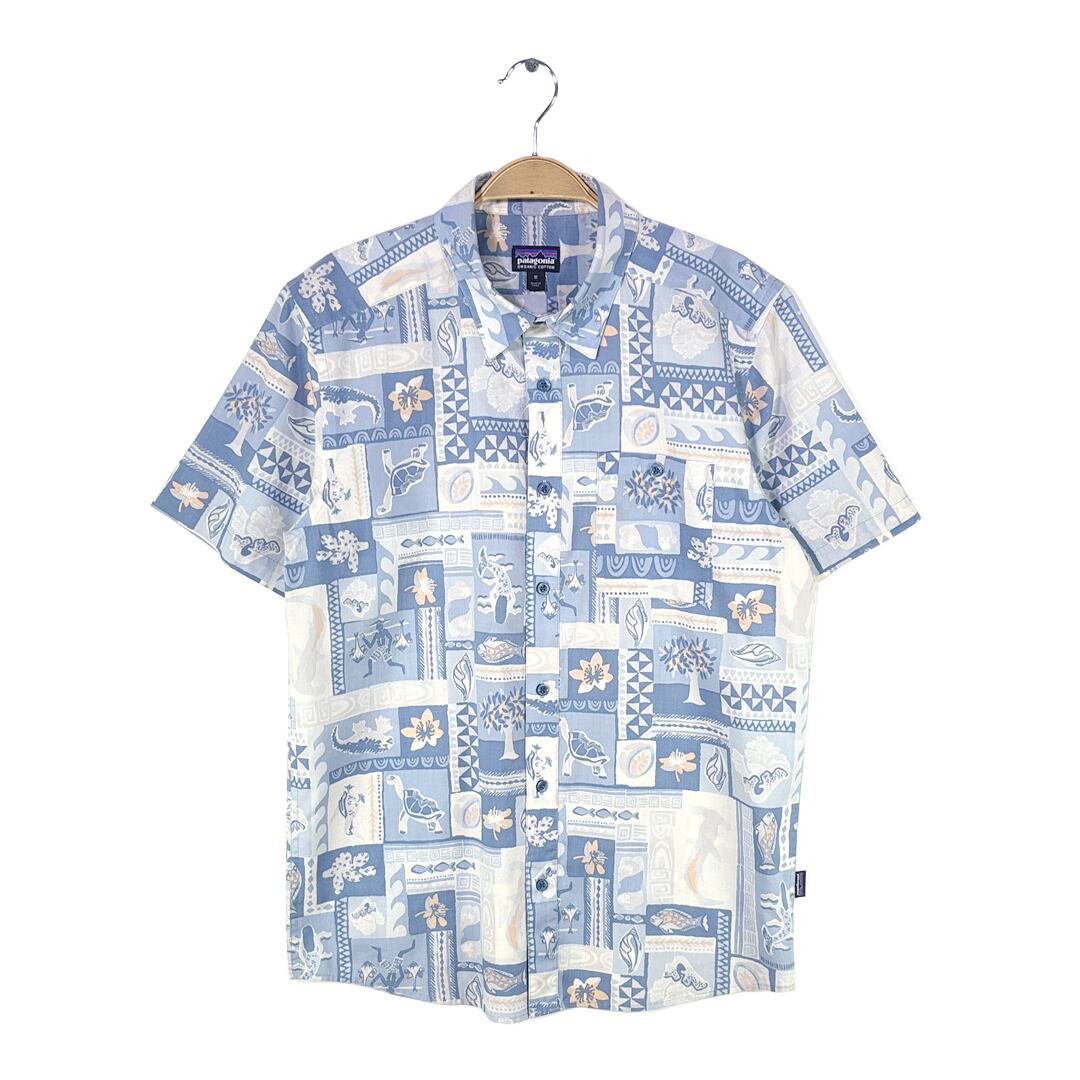パタゴニア ゴートゥシャツ 半袖シャツ 総柄 ウミガメ 貝 オーガニックコットン PATAGONIA GO TO SHIRT メンズM 古着 @CB1326
