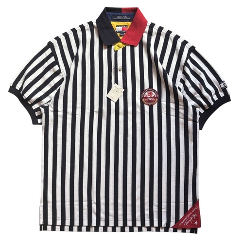 【Dead Stock】90s TOMMY HILFIGER トミーヒルフィガー 半袖 ポロシャツ メンズ M 紺/NAVY ストライプ ワンポイント ワッペン 新品