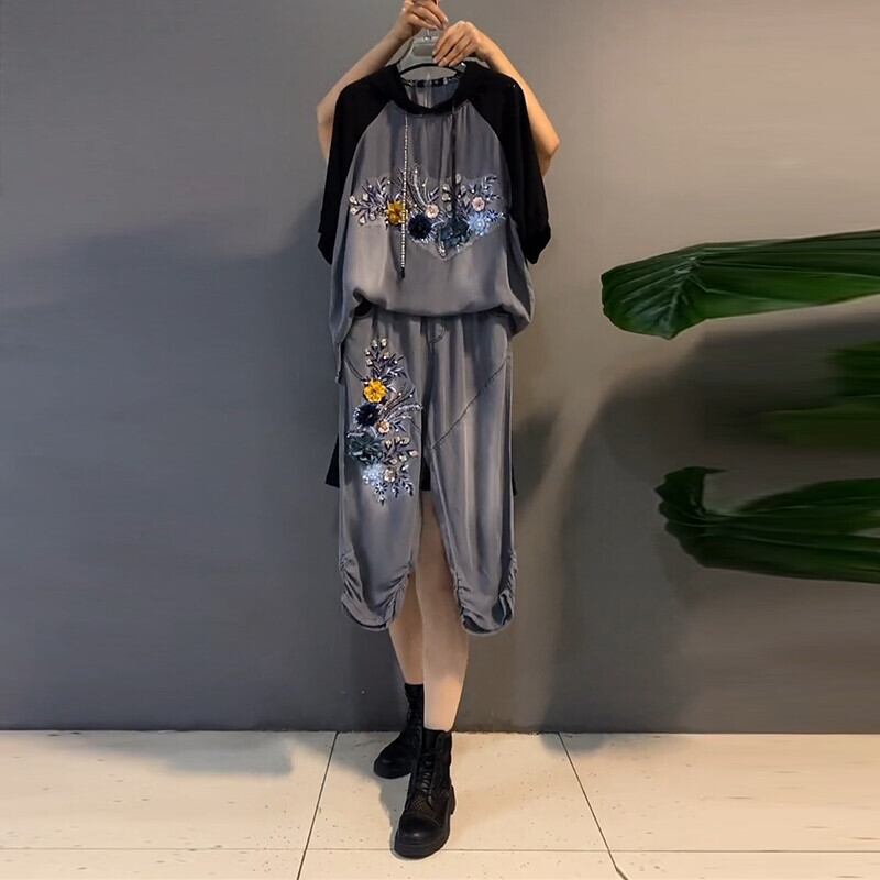 スリムサマースタイルフードFlowerデザイン ブラウス ジーンズ 大きめサイズ 夏物 フラワーデザイン ミックスインファッション56833120032