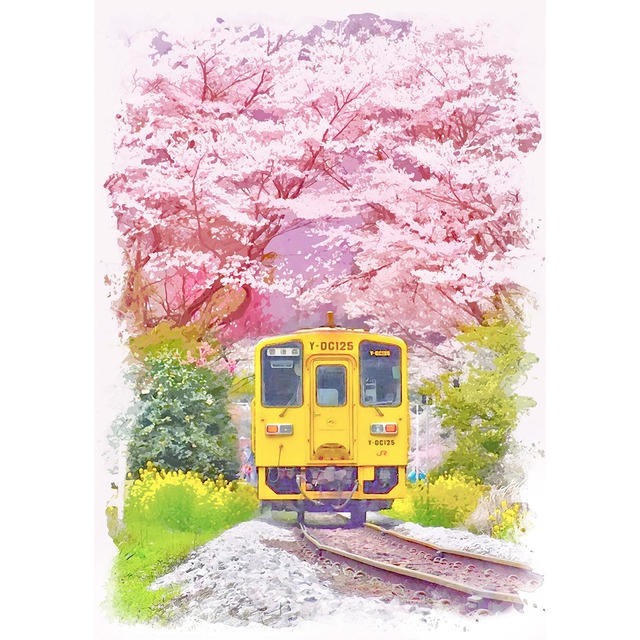 絵画(風景画) 日本の春 福岡県久大本線キハ125形気動車と桜 インテリアアート額付き 水彩画・油絵風 WAT0813