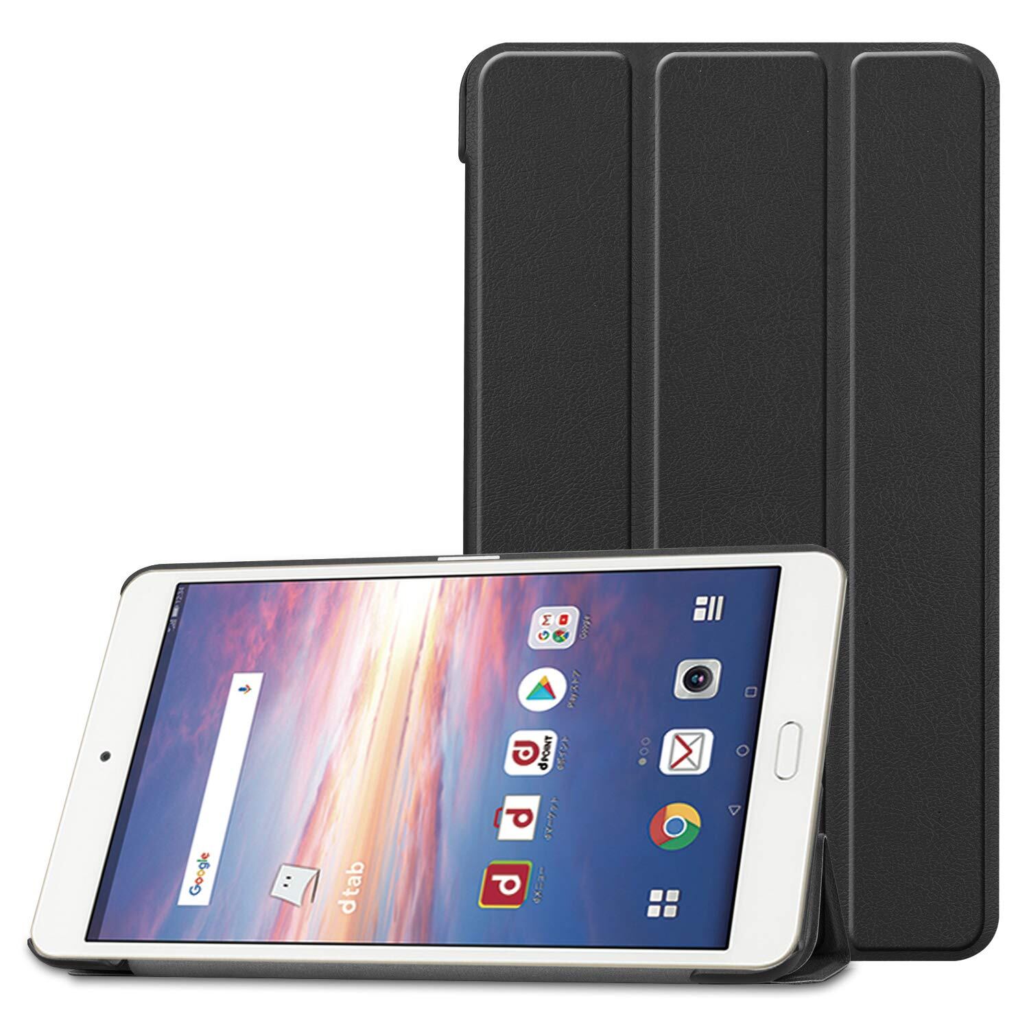 WHskyee dtab Compact d-02K対応 タブレットケース 手帳型 8インチ カバー 耐衝撃 耐摩擦 三つ折りスタンド PUレザー 全面保護 マグネット式 カード収納 スタンド機能 手触りが良い 人気 上質 対応 docomo dtab Compact d-02K 男女兼用 ブラック