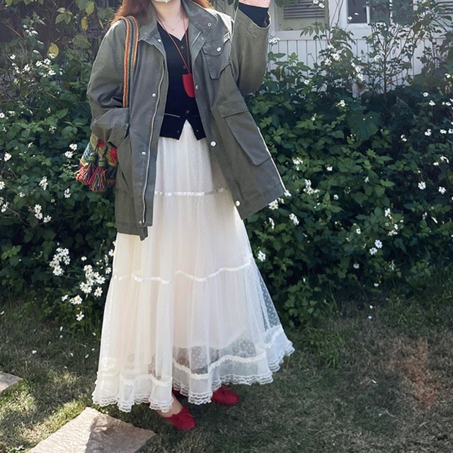 lace dot tiered long skirt J00092