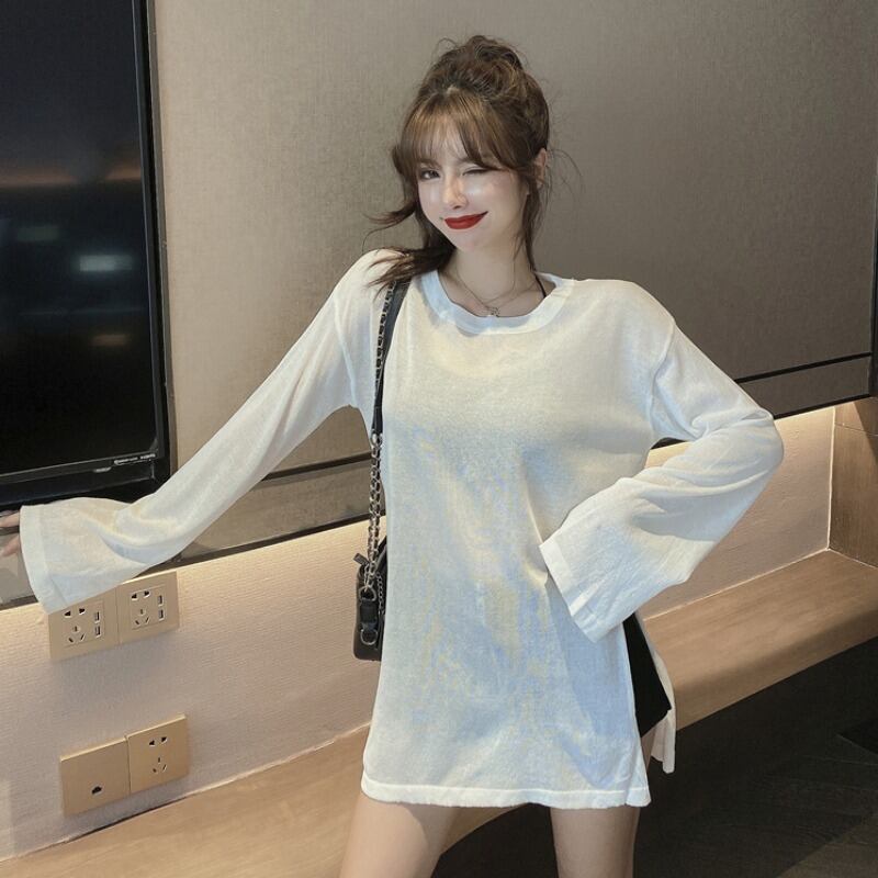 薄手ルーズセーター ニットオータムサイドスリットソリッド カラートップス 秋物 シルク ソリッドカラー ハンチェンe49701083702