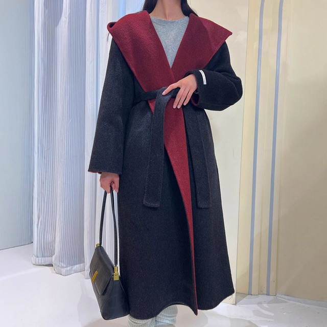 CONTRAST HOODED GOWN STYLE LONG WOOL COAT 4colors M-15428