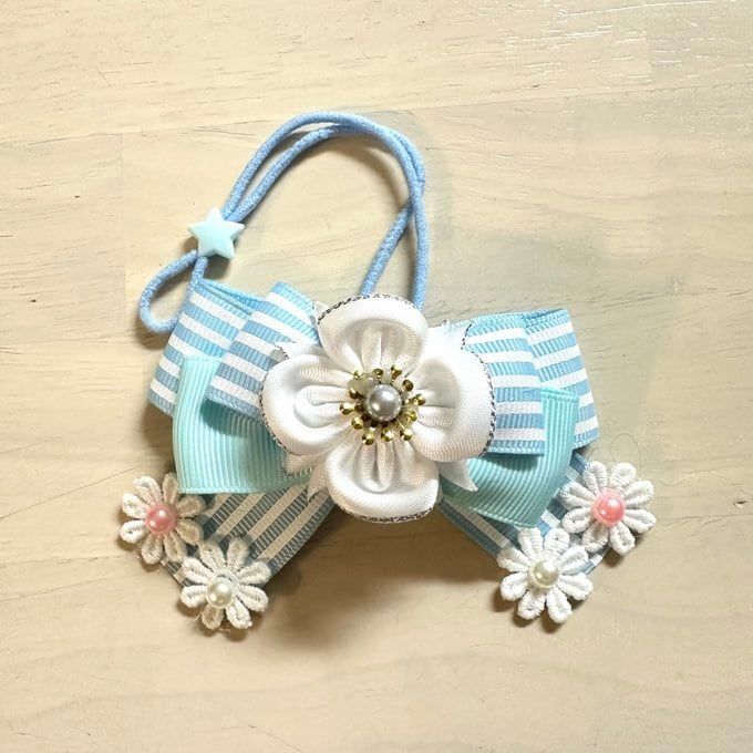 犬猫チョーカー 小サイズ しましま ライトブルー リボン 犬用 猫用