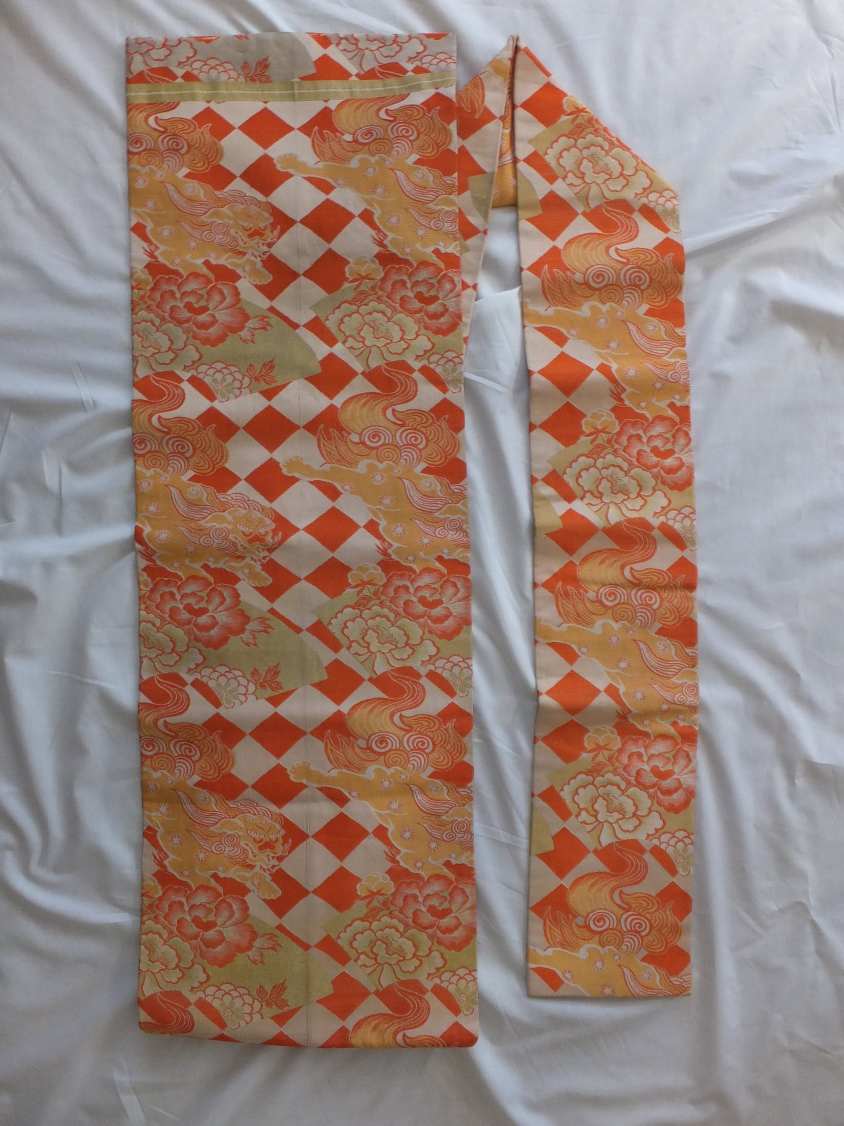 アンティーク名古屋帯 巻物に龍、冊子に唐獅子 アンティーク
