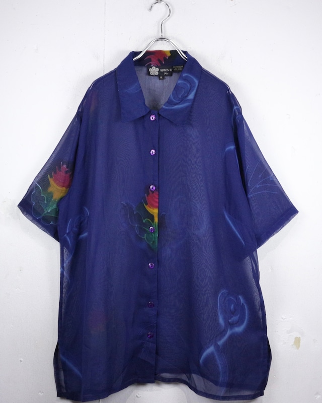 【Caka act2】Artistic Flower Design Vintage Loose S/S Sheer Shirt