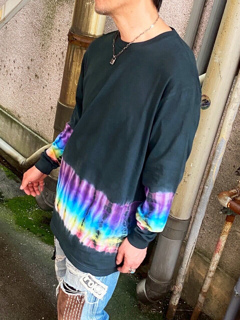 タイダイ Tie-dye 長袖Tシャツ XXLサイズ ブラック×レインボー HIPPIES