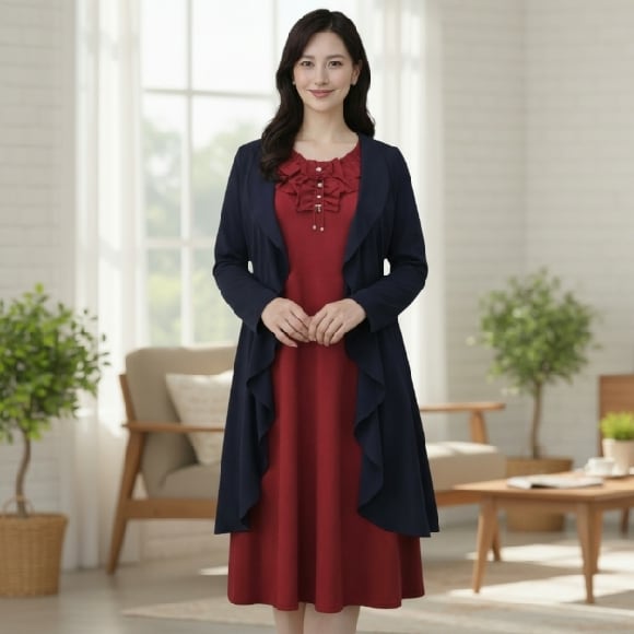 スーパービューティー カーディガン ラッフル衿 ロング ニットカーデ 2321008 ブラック 定番 オーラボー 大人可愛い キレイメ 普段着 おしゃれ着 婦人服 大人スタイル ミセス レディース アパレル 女性 M L LL 30代 40代 50代 60代