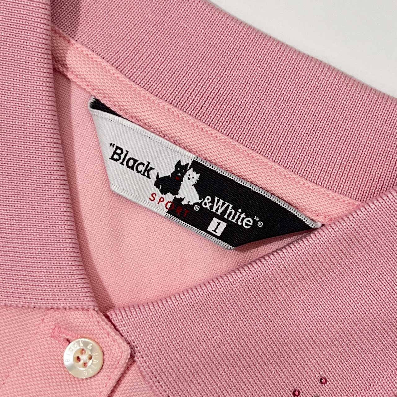 新品 タグ付き Black & White ブラック&ホワイト ラインストーン 鹿の子 長袖 ポロシャツ 1/ピンク レディース ゴルフ