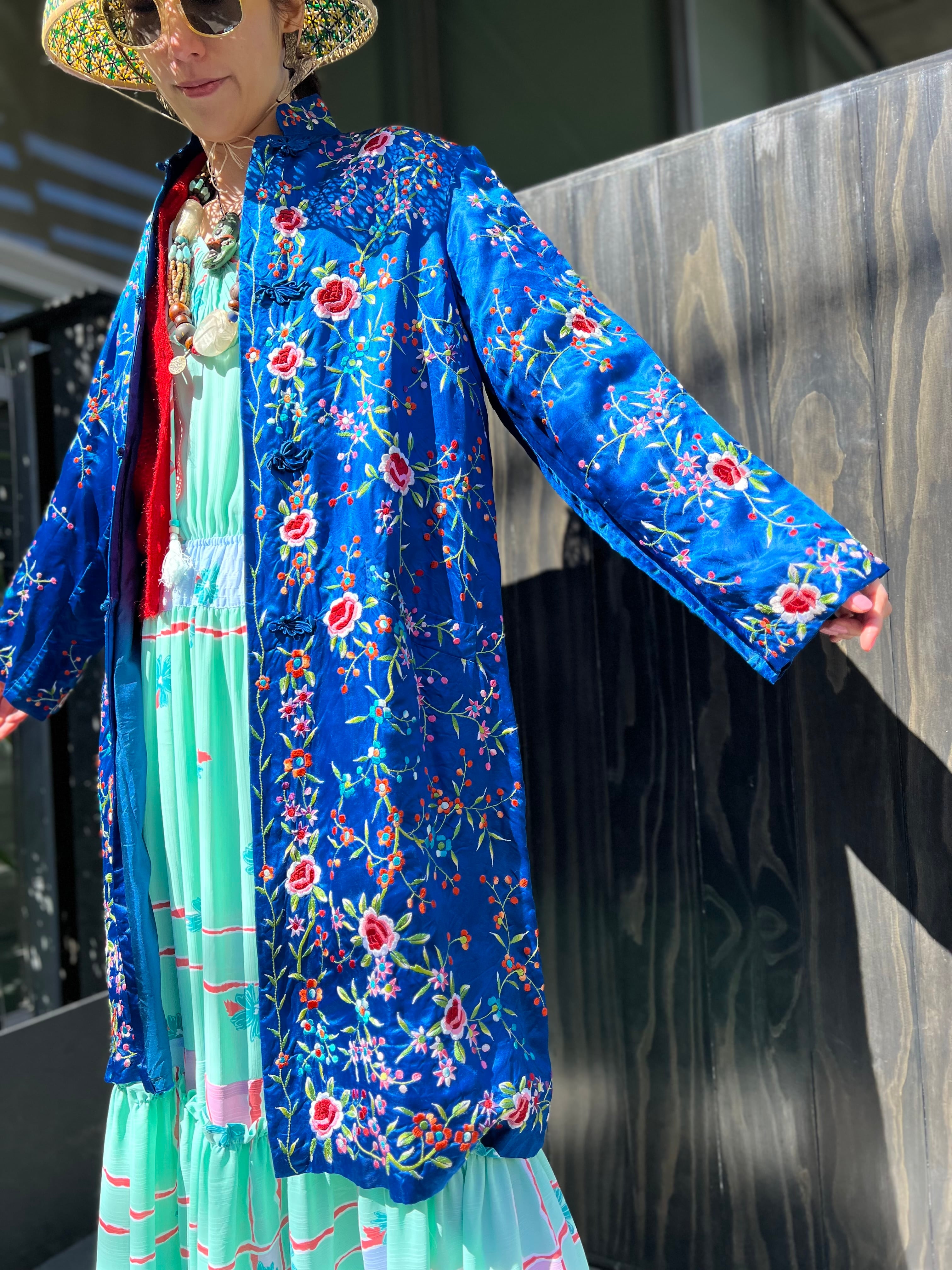 80s chinese royal blue × floral embroidery long jacket