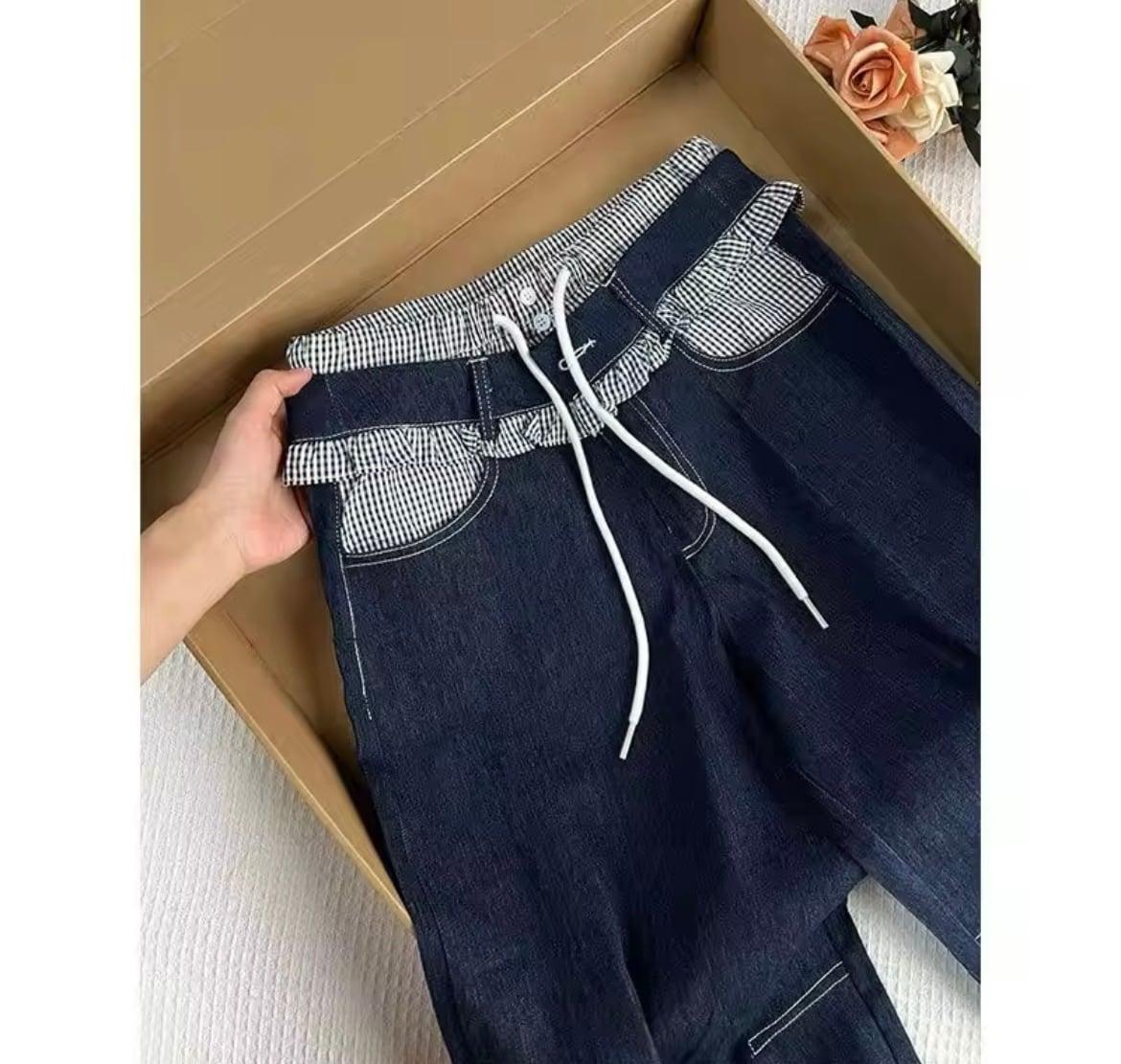 ギンガムチェックポイントデザインデニムパンツ