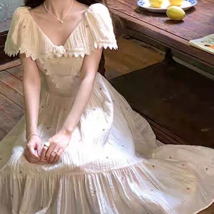 【M-4XL】Vネック大人ガーリーワンピース