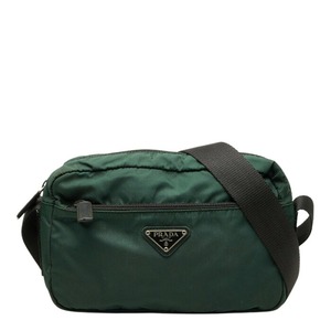 プラダ 三角ロゴプレート ショルダーバッグ グリーン ブラック グレー ナイロン レディース PRADA 【中古】