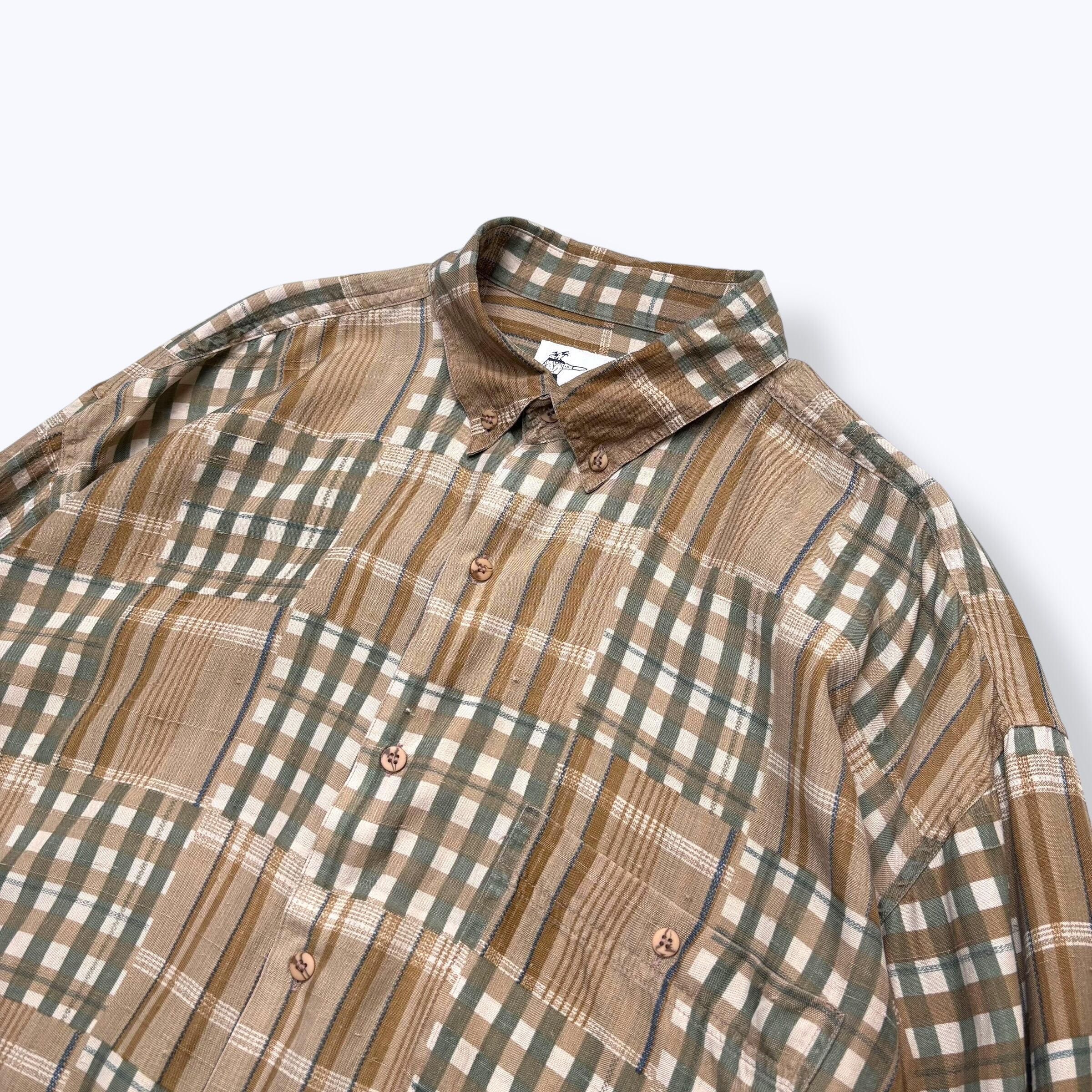 80s~ DEAD STOCK GOOUCH Patchwork Check Silk Shirts 【XL】 80年代