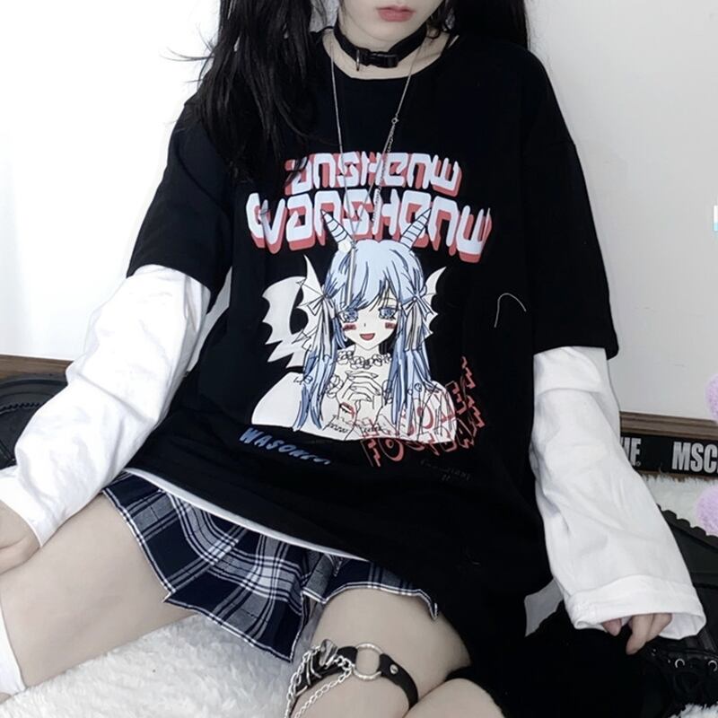 サブカル 服 地雷系 通販 長袖 Tシャツ フェイク ツーピース ルーズカジュアル