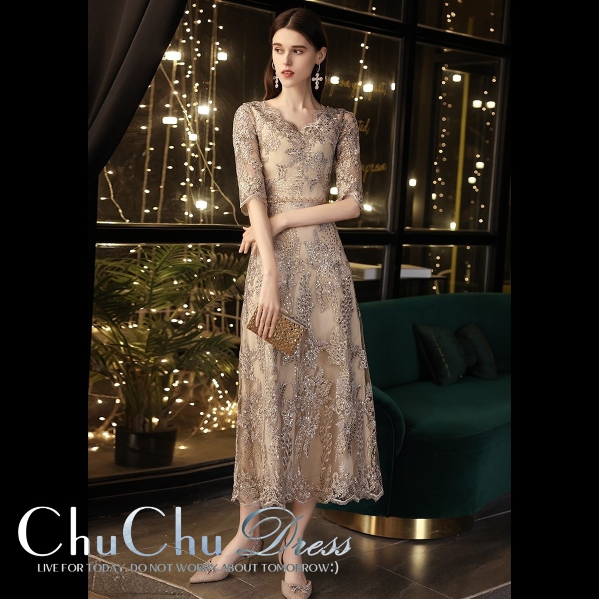 ビーズ装飾 エレガントシャンパン5分袖パーティードレス ME034 | 中国  