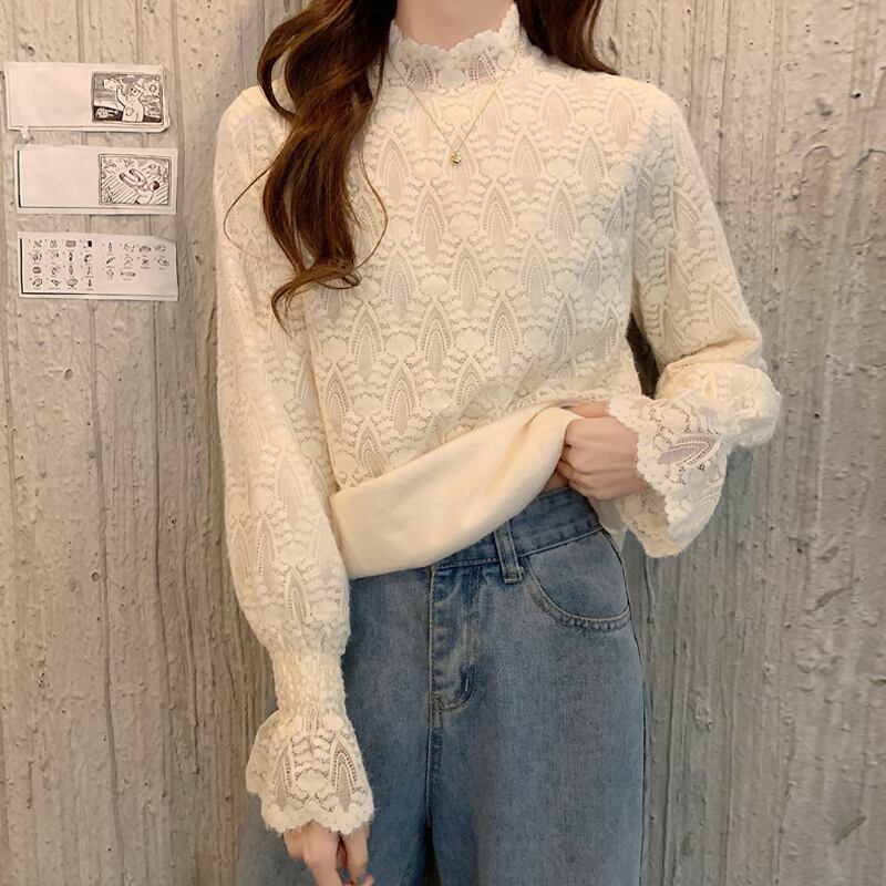 スプリングスタイルブラウス オータムシャツ ベルベットレースレディース ロング 春物 秋物 試着室5134327491