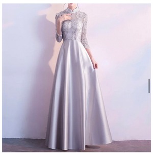 送料無料 未使用 発表会 舞台衣装 演奏会 刺繍 サテン ロング丈 フォ－マル ドレス 9号 M [OPN2938]