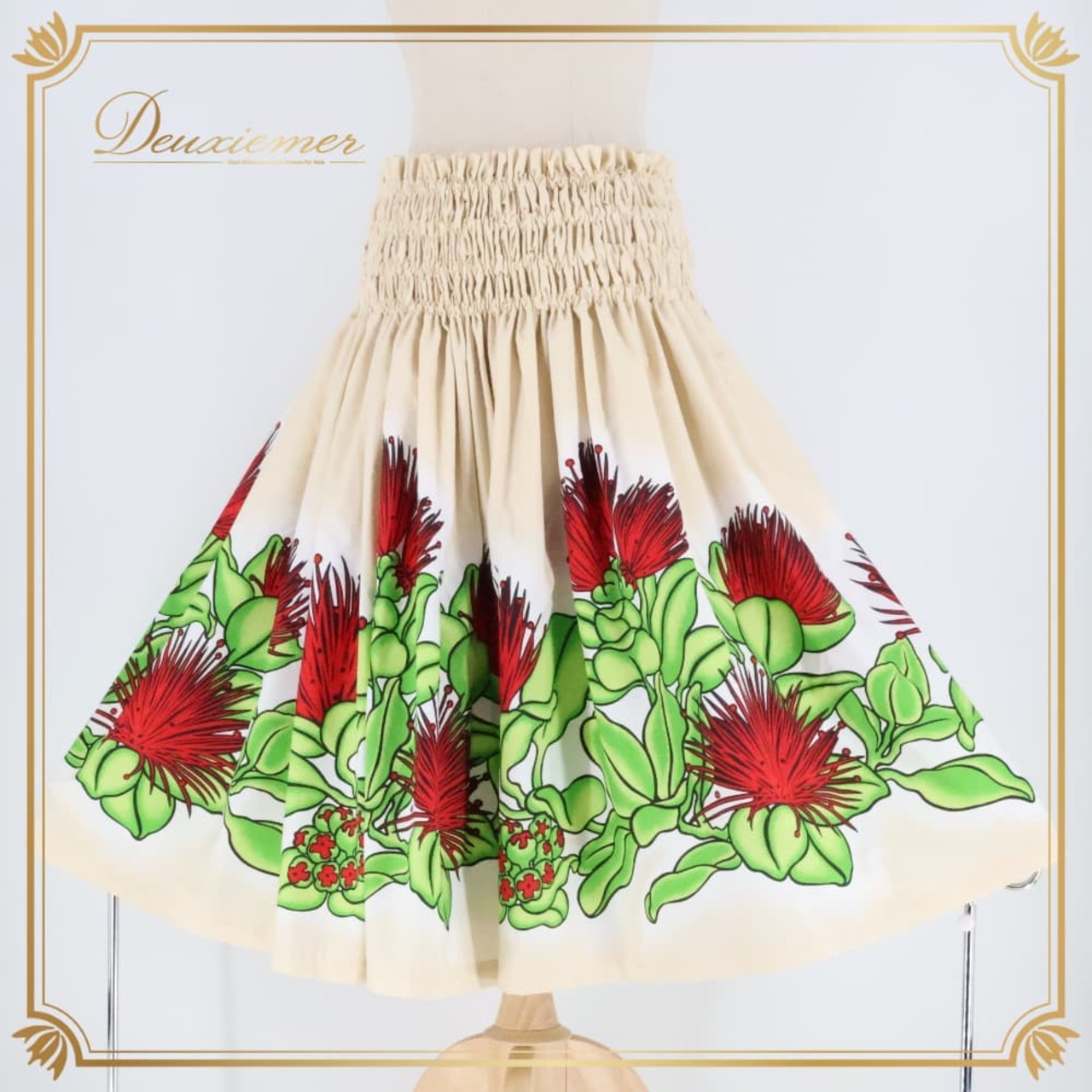 フラダンス 衣装 パウスカート ベージュ系 レフア柄 シングル シンプル カラフル かわいい 華やか 鮮やか 明るい 赤 緑 レッド系 グリーン系 ダンス衣装 ハワイアンダンス レディース ハワイアン アロハ ハワイアンプリント フラ ダンス レッスン 練習