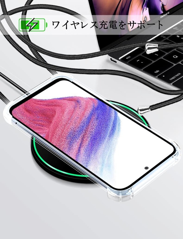 Galaxy A53 5G ケース クリア Galaxy A53 SC-53C スマホケース ギャラクシー A53 カバー ショルダー 肩掛け 斜めかけ 縄掛けケース 縄掛け 透明 TPU ストラップ付き 薄型軽量 1.5MM 取り外し可能 電波影響なし 落下防止 ワイヤレス充電対応 柔軟で変形しない 【縄掛け-ブラック 】