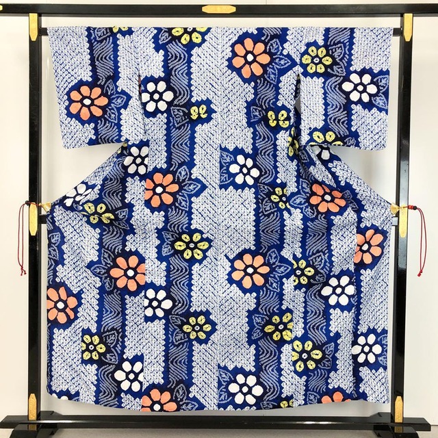 夏着物 浴衣 有松鳴海本絞り 流水 花模様 瑠璃色 K-4535 着物 きもの  