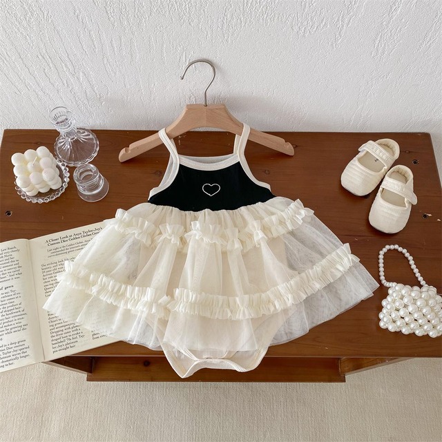 【BABY】ハート刺繍ティアードチュールワンピースロンパース - 8