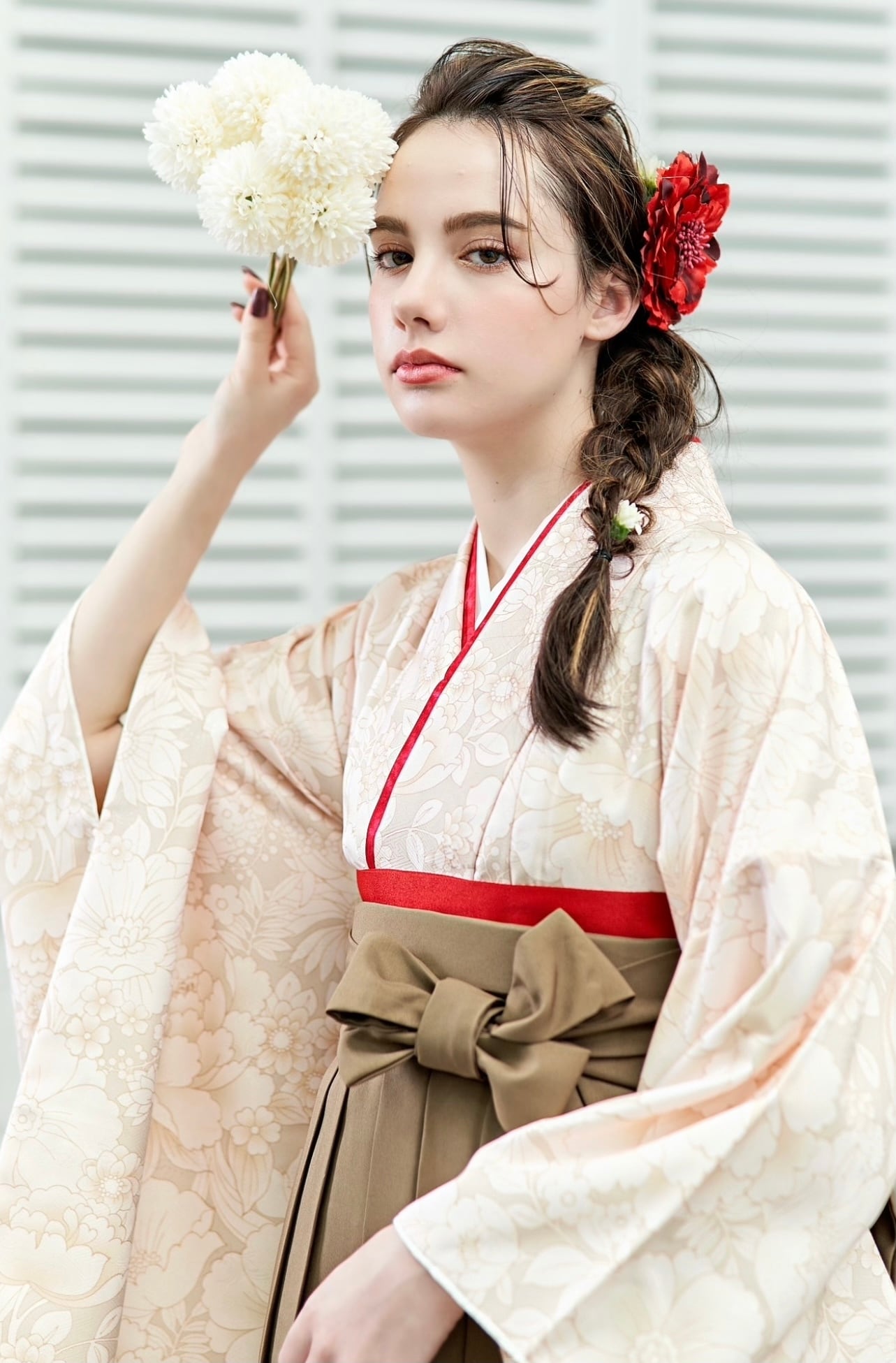 Kimono Sienne 卒業式袴3点セット ベージュ×ブラウン袴 ボタニカル