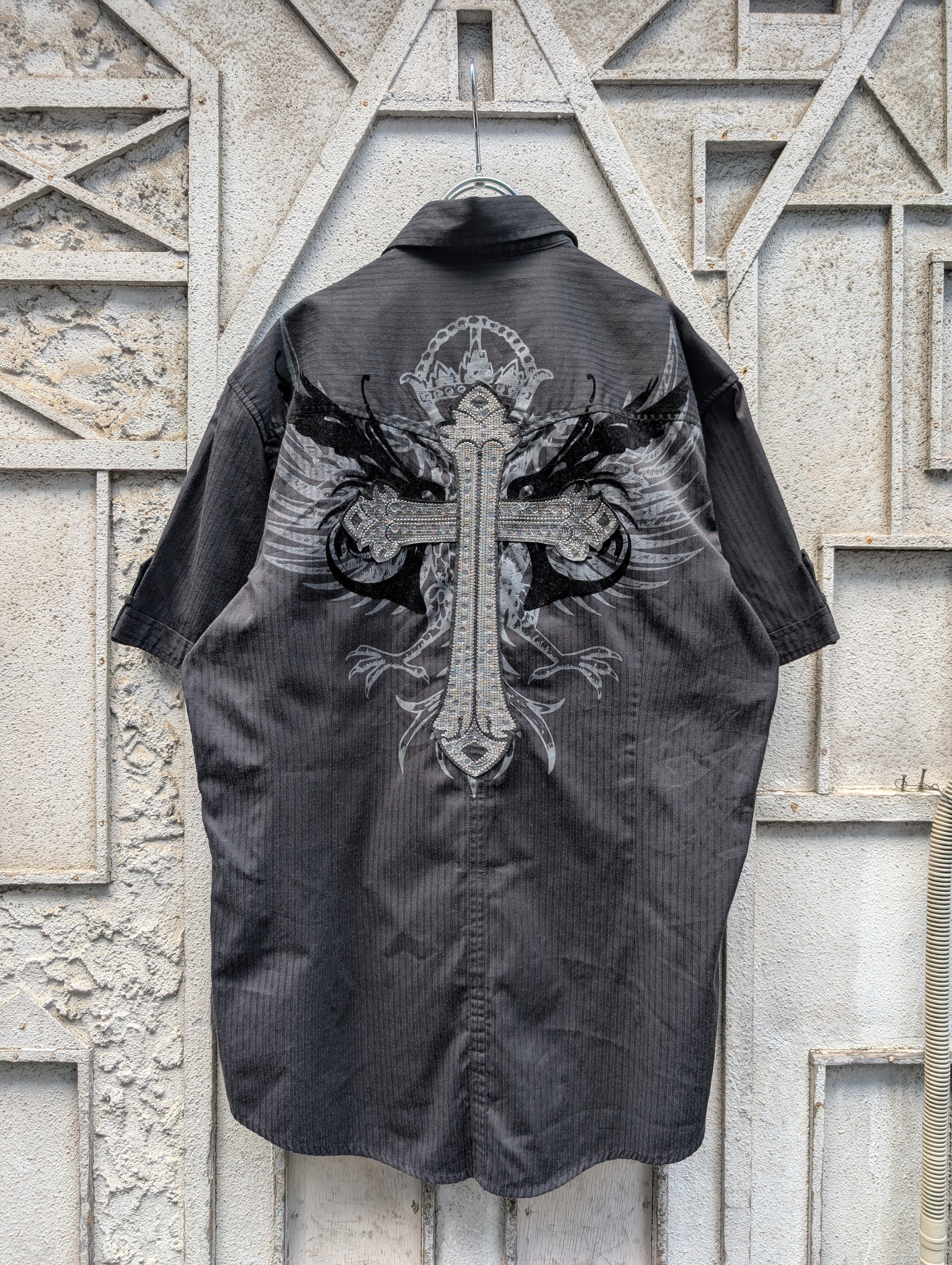 "Y2K" embroidered cross & rhinestone S/S shirt