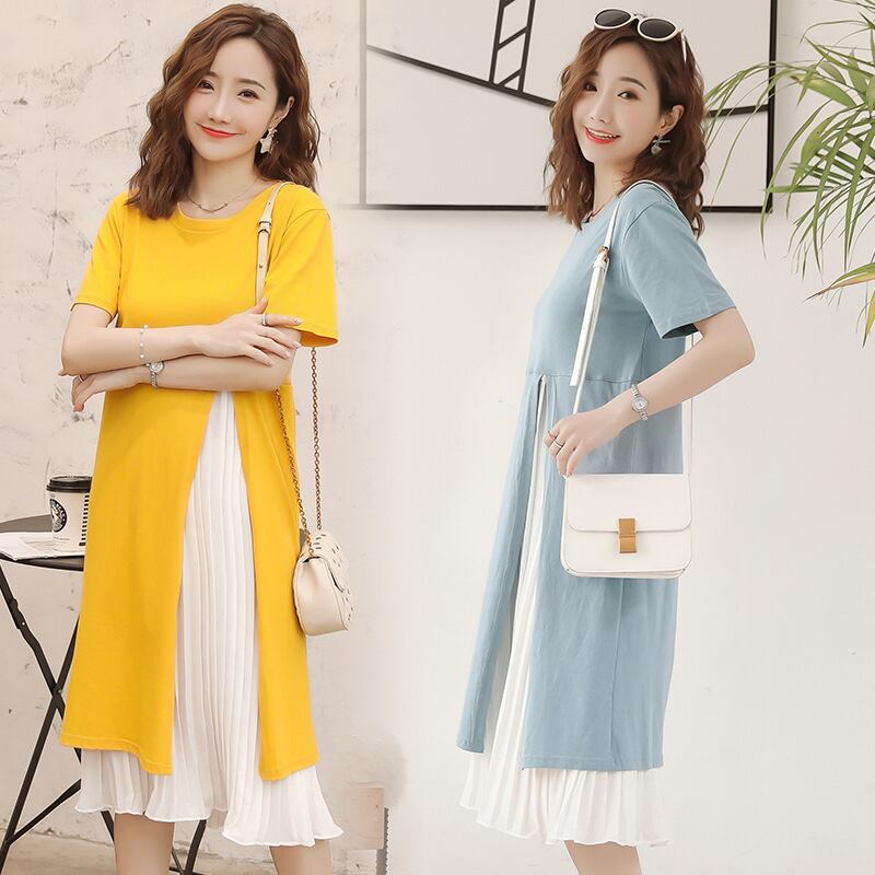 【新作】【送料無料】 M-2XLマタニティサマードレス半袖コットンシフォン妊娠中のドレスブルーイエロー妊娠中の服妊娠中の女性 ショート ハーフスリーブ 夏物 AL expec345539944542