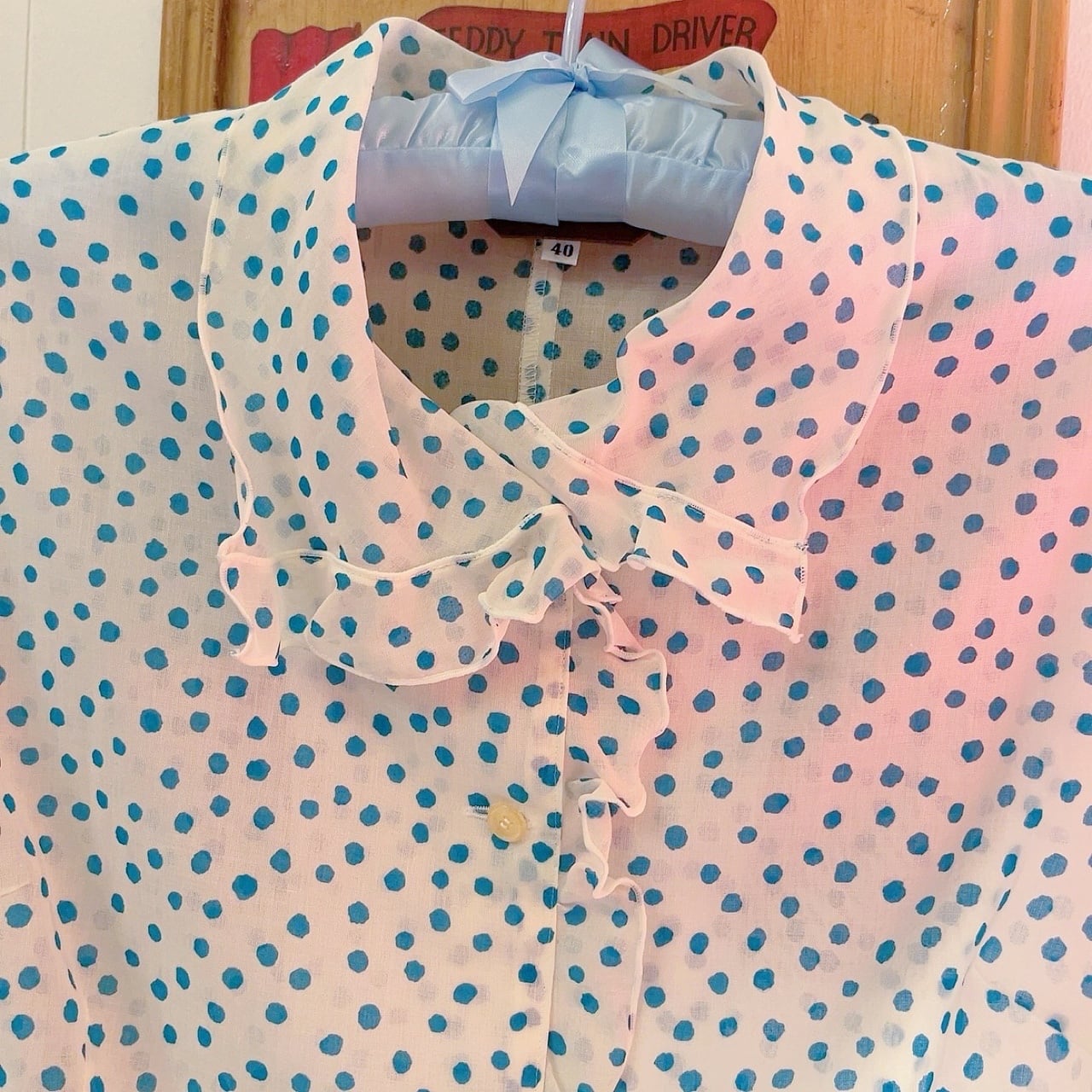 water blue dot frill blouse