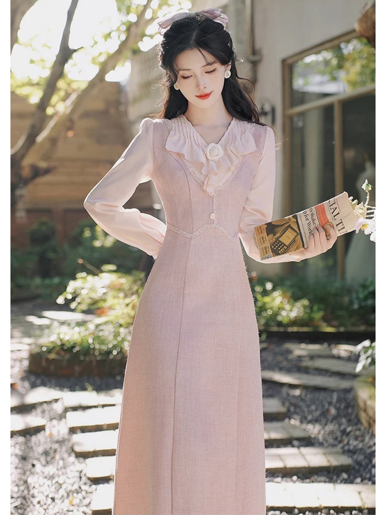 【0156】Frill V-neck Cotton Long Sleeve Dress