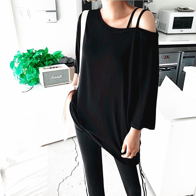 大人 セクシー ワンショルダー トップス 大きいサイズ Tシャツ レディース オフショルダー 黒 ブラック 5分袖 ロンt ゆったり ゆるカジ エレガント 体型カバー 無地 シンプル シック ガーリーおしゃれ リラックス 男ウケ デート服 韓国ファッション 通販 春 夏 秋