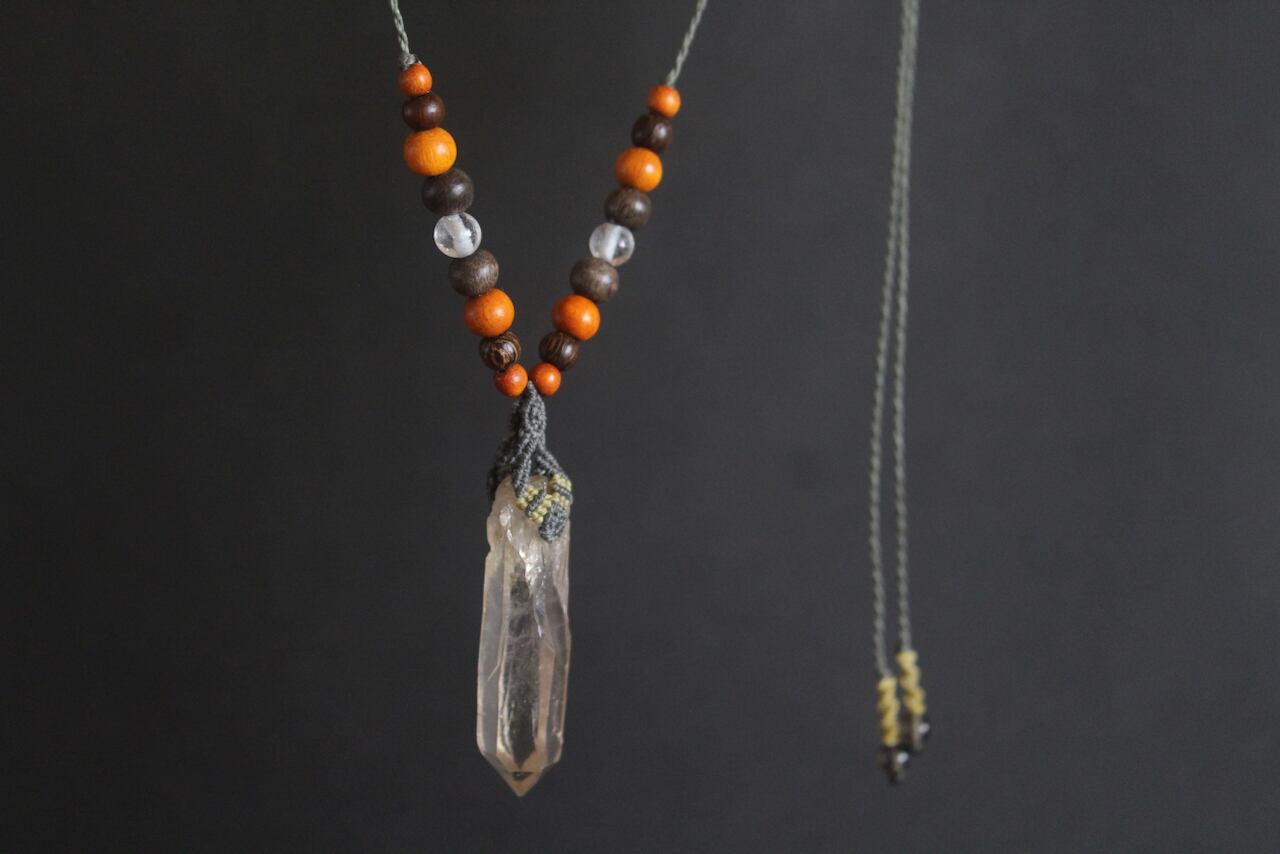 Himalayan crystal micro macrame wood pendant