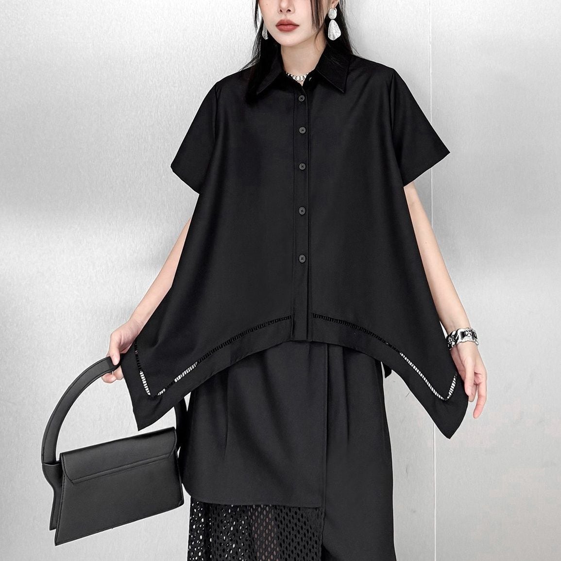ASYMMETRIC HEM SHORT SLEEVE LOOSE SHIRT M-17196