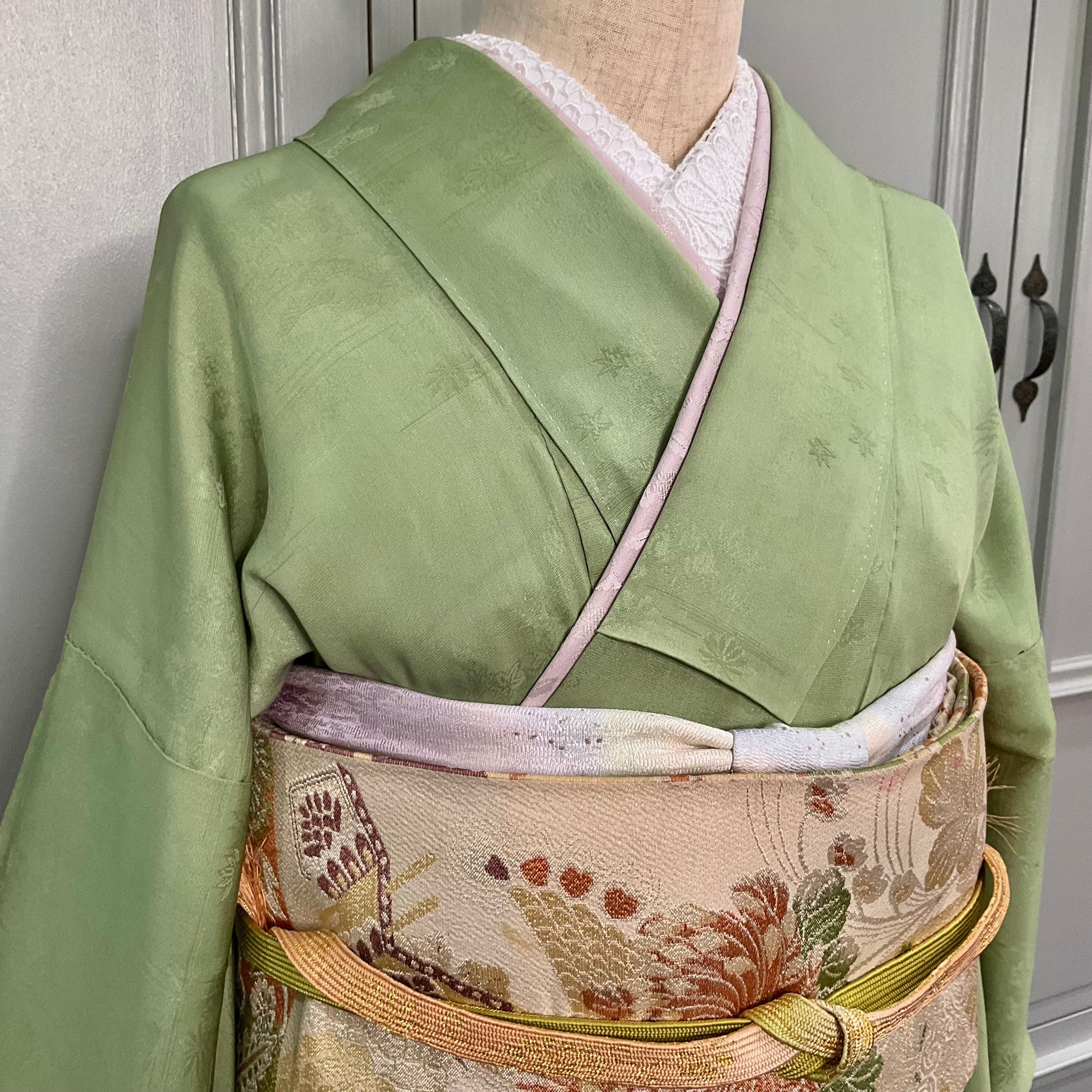 翠の花小道＊くすみグリーン 桜 薔薇 藤 菫 蕨 アンティーク付下げ着物