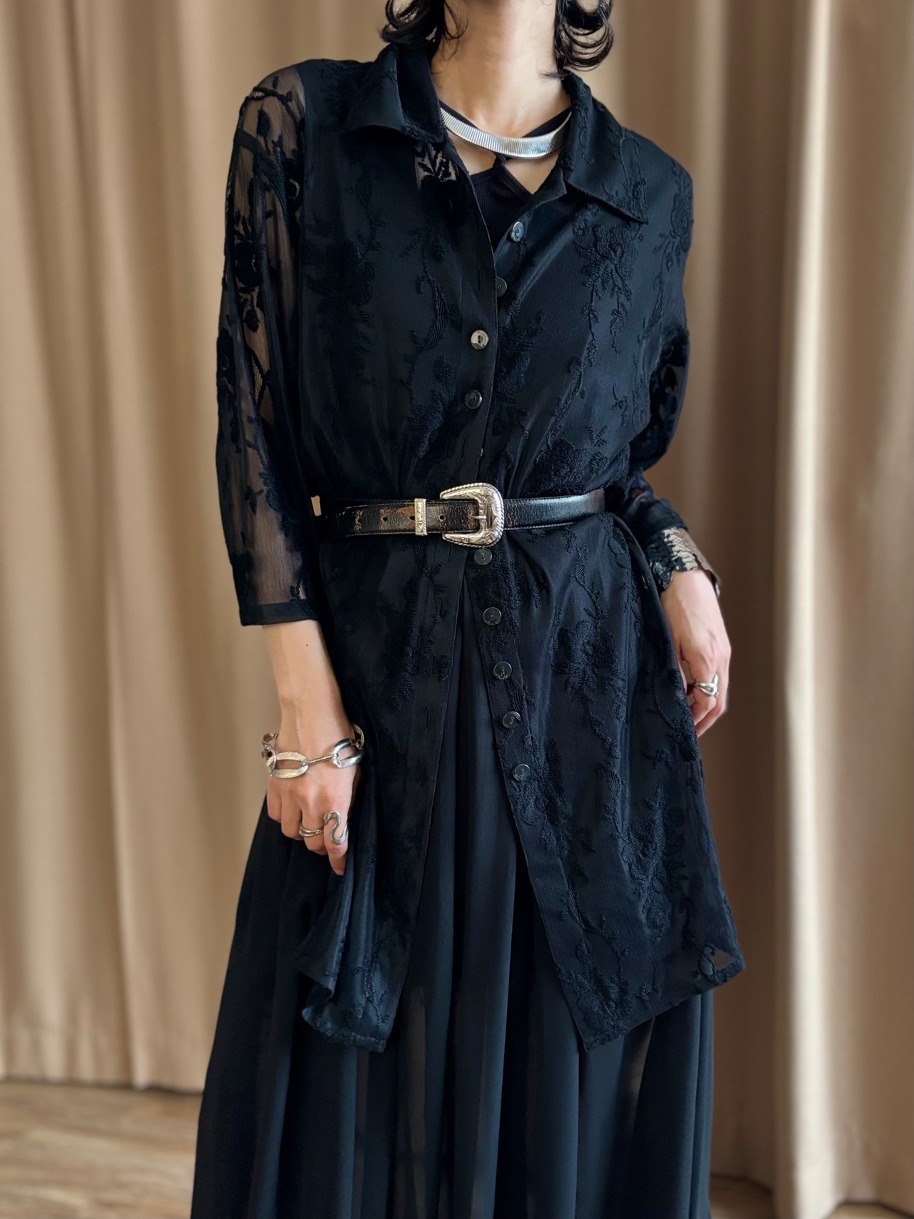 black floral lace sheer long shirt-5315-7